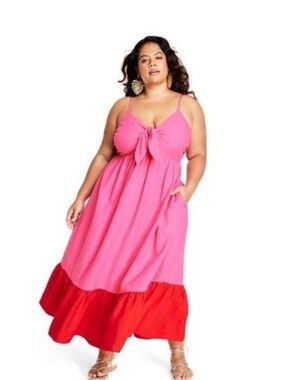 NEW Tabitha Brown for Target Pink Red Tie Front Midi Dress Plus Size 1X Linen